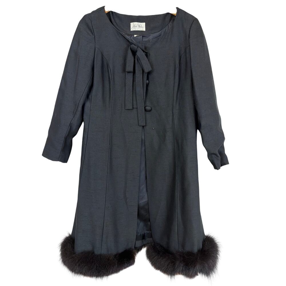 Vintage Alfred Werber Black Faux Fur Trim Hem Long Collarless Coat